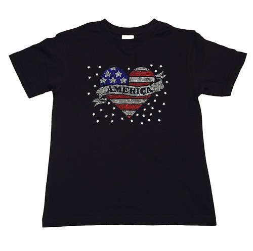 Girls Rhinestone T-Shirt " America 4th of July Heart " in All Sizes - Picture 2 of 2