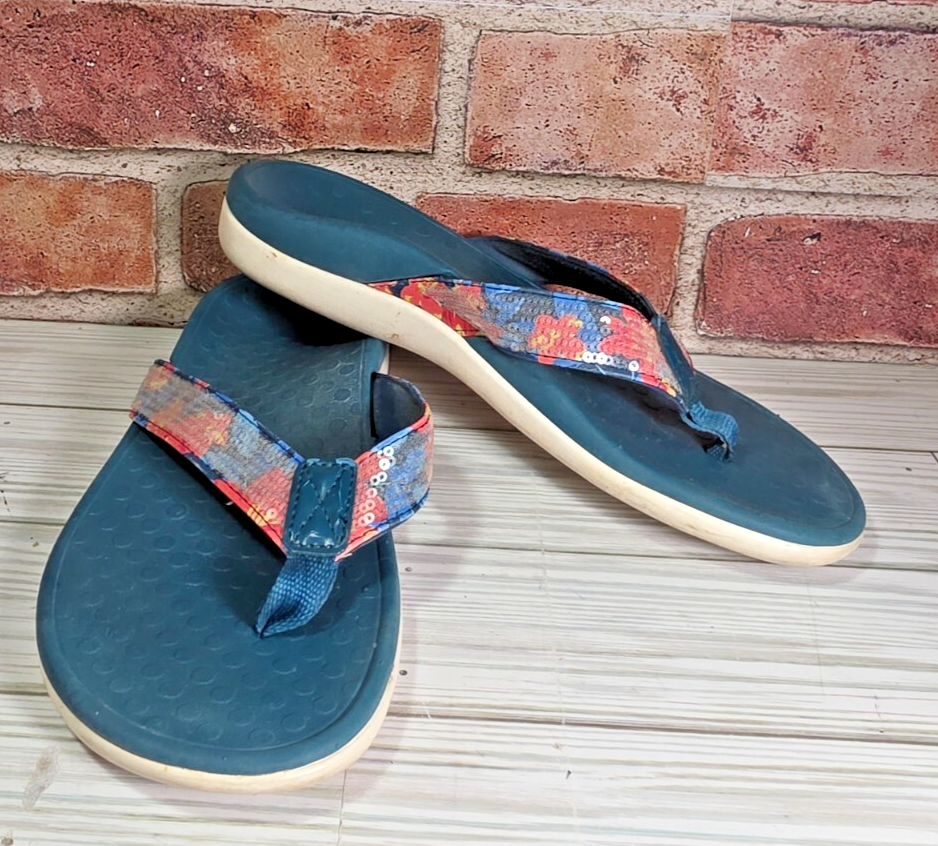 Vionic Tide II Sequins Floral Hawaiian Flip Flops in Dark Teal Red Yellow Size 6
