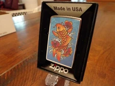 KOI FISH WITH HIBISCUS FLOWERS HIGH POLISH CHROME ZIPPO LIGHTER MINT IN BOX