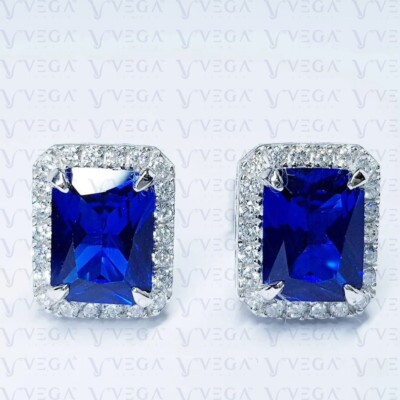 4.15Ct Radiant Cut Natural Sapphire & Diamond Stud Earring 14K Solid White Gold