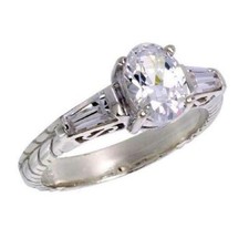 Sterling Silver Engagement Ring w/ 8x6mm 1.2 ct Oval  Baguette Cut CZ Stones