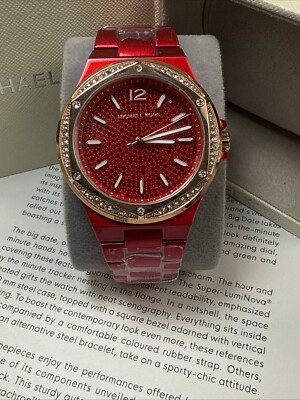 NEW Michael Kors Lennox Red Pave Glitz Crystal Rose Gold Ladies