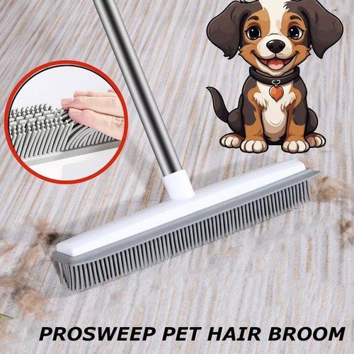 Rubber Broom Carpet Rake W/ Squeegee Long Handle For Pet Remover Hair B 9CE1 - Picture 2 of 11