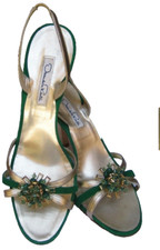 OSCAR DE LA RENTA Green Suede Gold Leather Slingback Jeweled Sandal 39.5/9.5