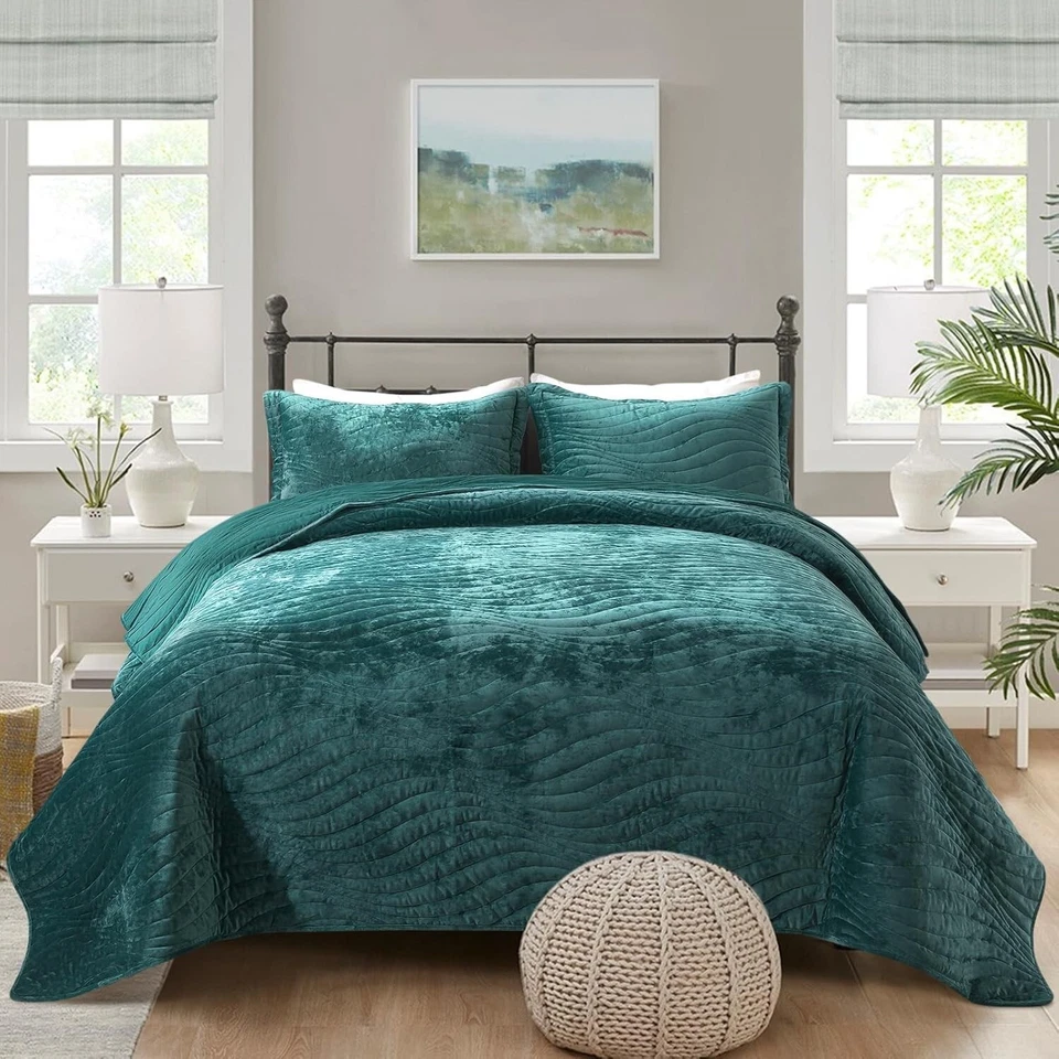 Juego de colcha de terciopelo king suave cálido - 2 fundas, impresionante verde azulado, duradero y elegante Foto 3 de 4