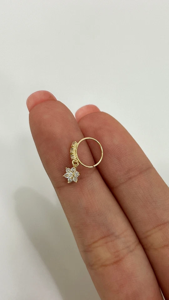 14K Solid Gold 20G Flower Nose Ring Hoop Dangling Bendable Crystal Dangle CZ - Image 4 of 4