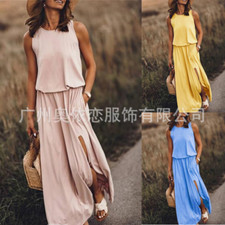 Women's Dress Summer Fashion Crew Neck Sleeveless Slit Solid Color Dress