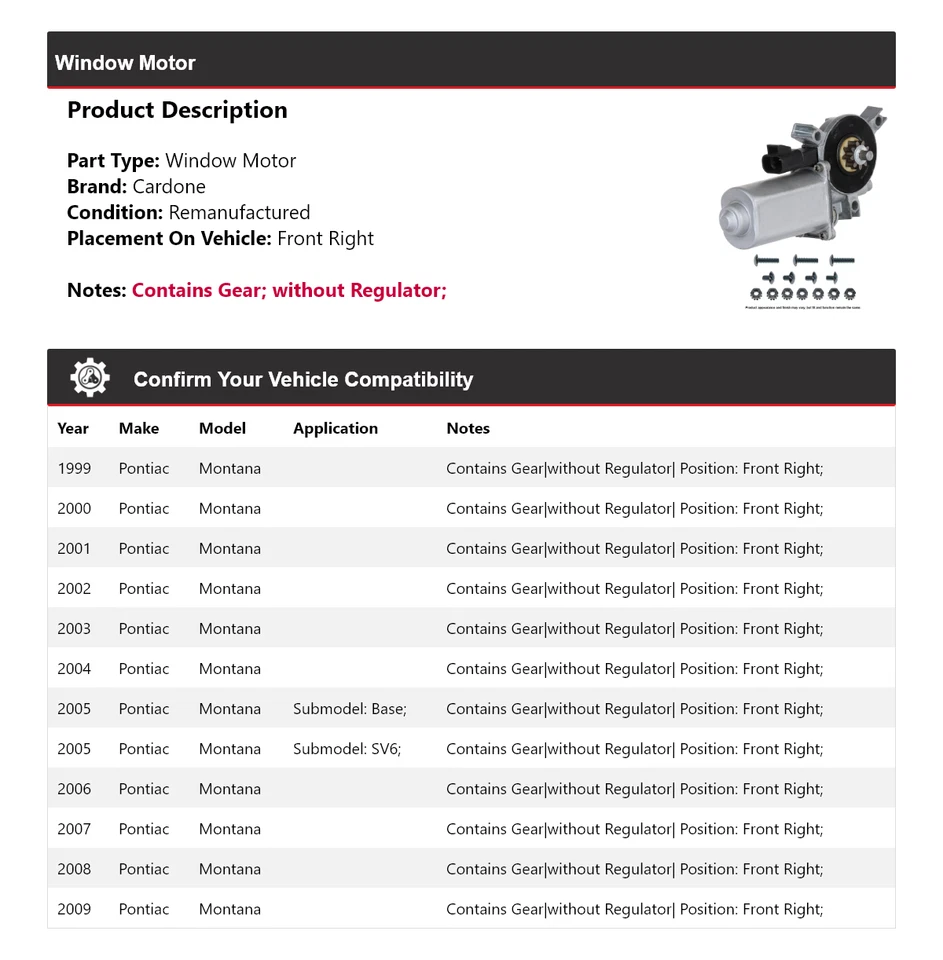 Motor ventana delantero derecho cardone 2000 2001 2002 Pontiac Montana 1999-2009 Foto 2 de 4