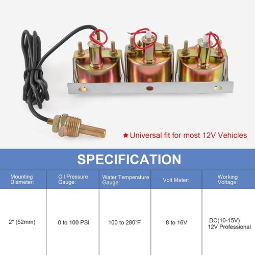 2 IN LED Light Triple Gauge Set Oil Pressure Water Temp Volt Meter Fits GM Ford - Picture 14 of 17