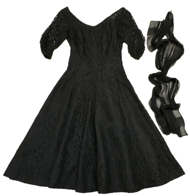 Vintage 1940s 1950s Black Lace Party Dress XS w/ Sheer Scarf | eBay Vintage 1940s 1950s Black Lace Party Dress XS w/ Sheer Scarf | eBay