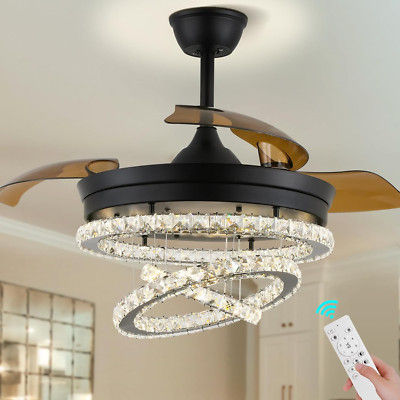 Modern 42'' Black Dimmable LED Crystal Ceiling Fan Chandelier with Lights