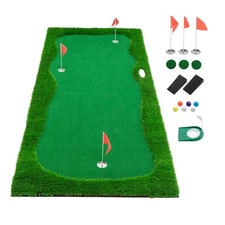 Golf Putting Green Mat with 3 Holes, 3 Flags,1 Movable Cup and 2 Slope Pad
