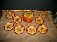 1930s JAPAN PAPER MACHE COASTERS HP TOLEWARE BOX SET 8 REDS FLORALS ANTIQUE