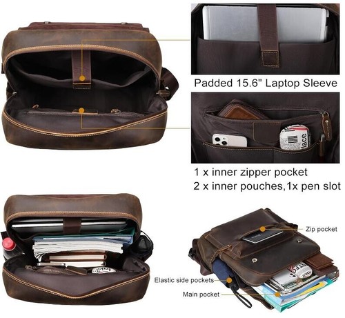 Vollnarbenleder 15,6 Zoll Laptop Rucksack für Herren Freizeit Geschäft Reise Ruck - Bild 2 von 6