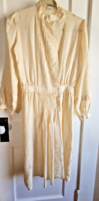 ARGENTI 80s Vtg 100% Silk pleated wrap midi dress ivory puff lng Sleeve Sz 10