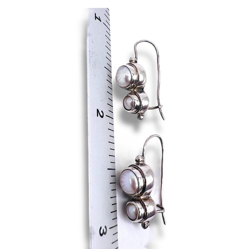 925 Sterling Silver Pink Fresh Water Pearl Bezel Set Drop Dangle Hook Earrings - Picture 3 of 14