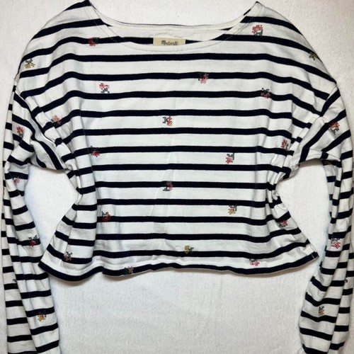 madewell floral cross stitch cropped embroidered striped tee size medium