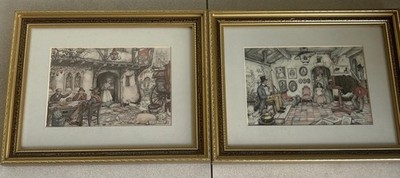 Paar Anton Pieck Vintage gerahmte Drucke von Dorfschänke und Hausfotografie