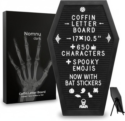 Coffin Letter Board Black +3D Bat Stickers +650 Characters, Spooky Seasonal Emoj