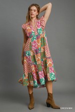 Umgee Orange/Green Scarf Print Midi Dress  Flutter Sleeves  w/Scalloped Edges