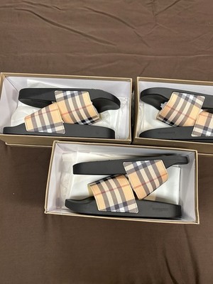 Burberry Men s Check Logo Slide Sandals Black/Beige US 8 Polyurethane Size-7,8,9
