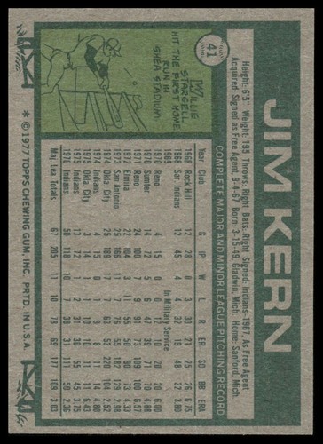 1977 Topps #41 Jim Kern MINT Cleveland Indians - Picture 2 of 2