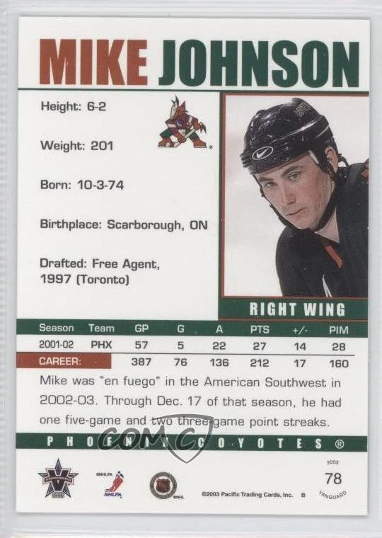 2002-03 Pacific Vanguard Mike Johnson #78 - Image 2 of 2