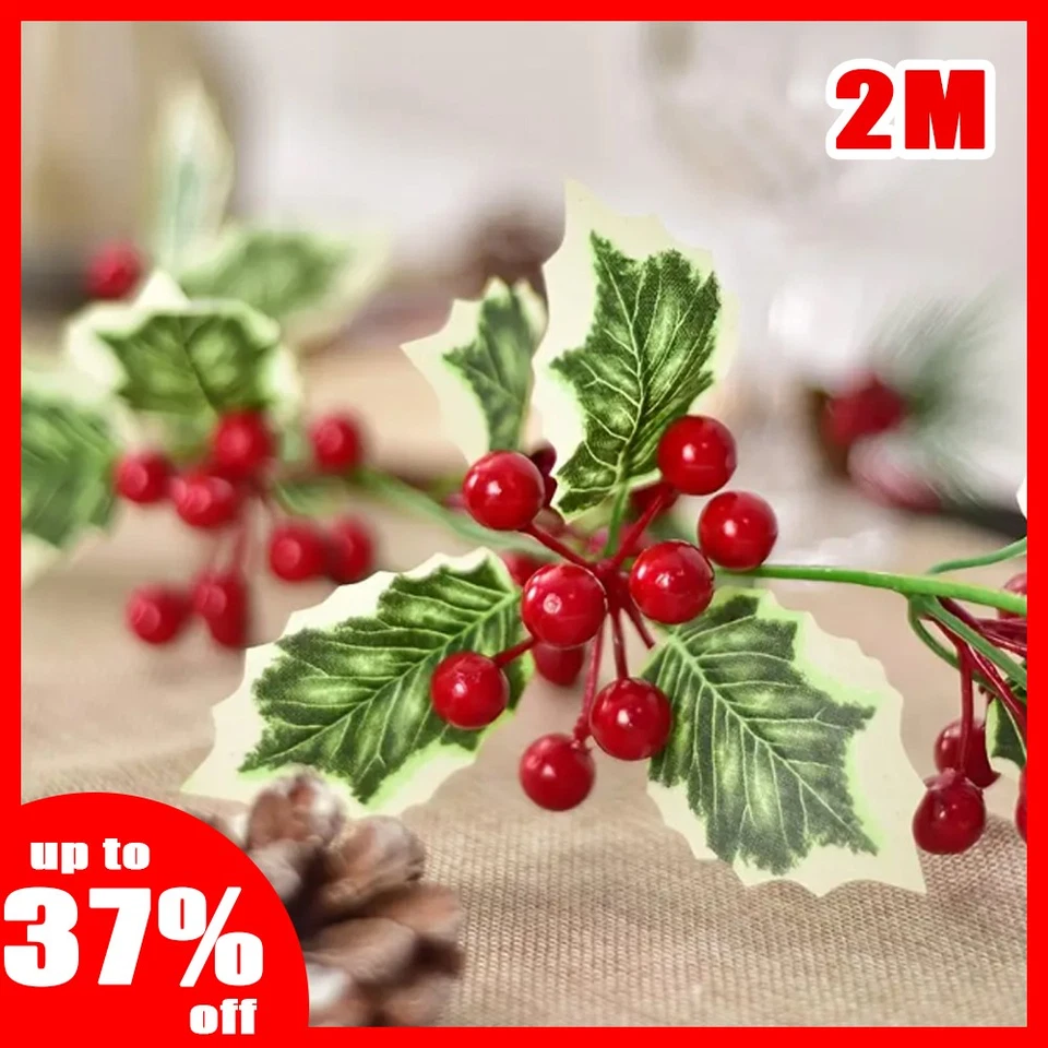 2M Christmas Garland Holly Leaf Red Berries Winter Fireplace Hanging Party Decor