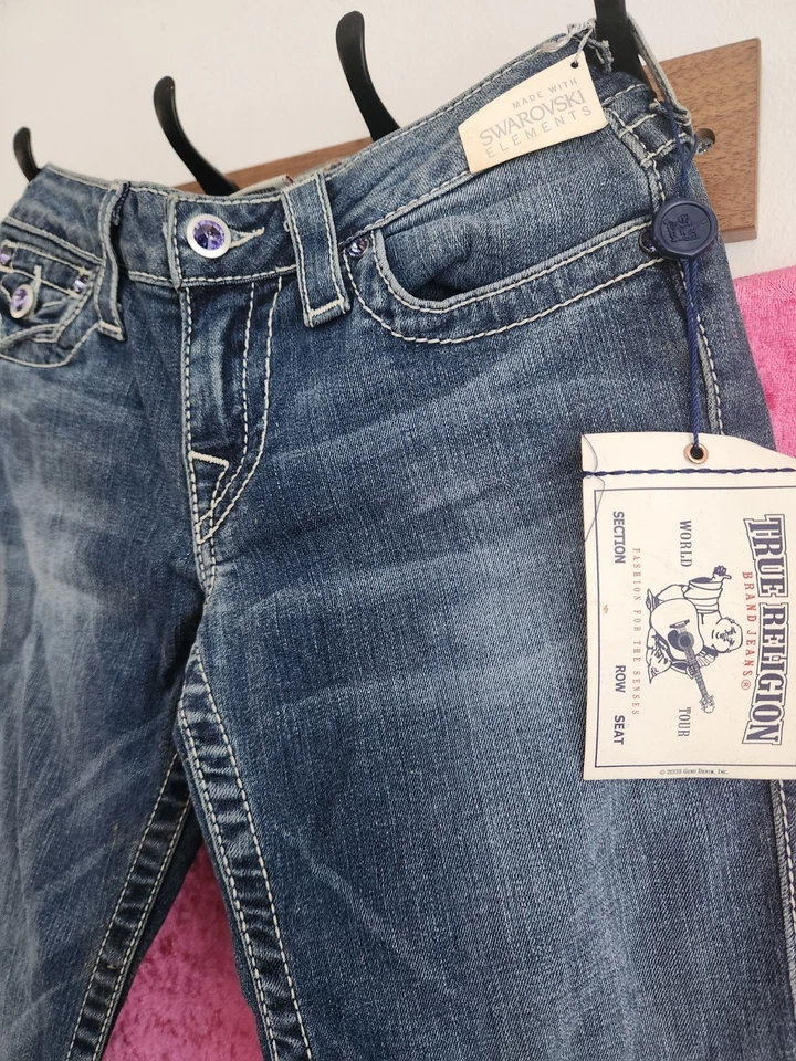 con etiquetas Mujer Raro True Religion Denim Voyager Disco Púrpura Botón Swarovski Foto 4 de 4