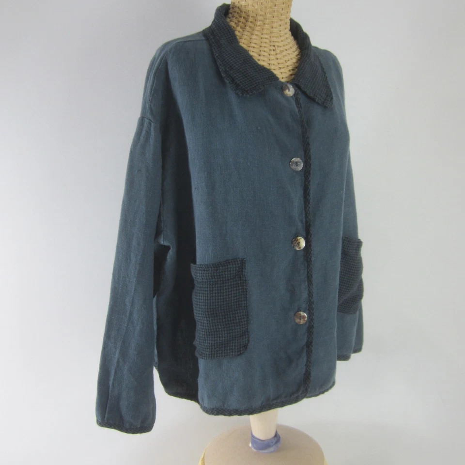 Bryn Walker Womens L Heavy Linen Jacket Steel Blue Herringbone Trim Pockets USA - Image 2 of 4