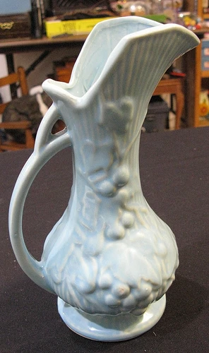 Vintage McCoy Aqua Pitcher/Ewer, Grape & Leaf Design, 9" Tall.