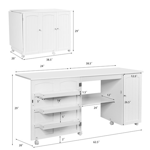 Folding Sewing Table Shelves Home Cabinet Craft Cart W/Wheels Large White - Picture 2 of 7