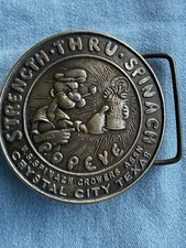 Vintage 1970s Bergamot Brass Works Popeye "Strength Thru Spinach" belt buckle.