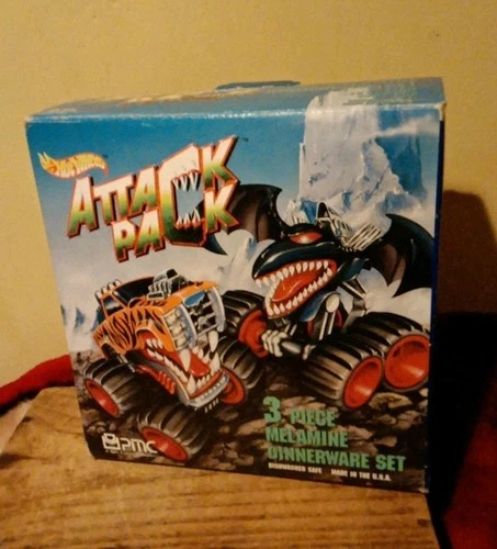 vintage attack pack hotwheels Rare Toy Plate Bowl And Cup Set With Box 1993