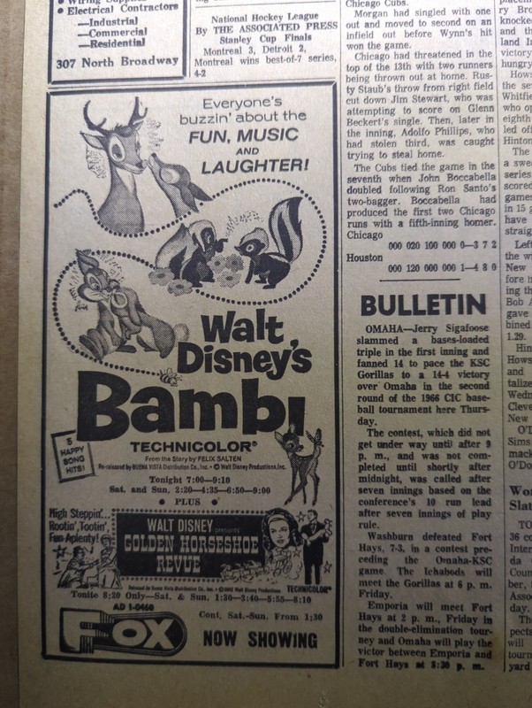 MAY 6, 1966 NEWSPAPER PAGE #2641- WALT DISNEY'S "BAMBI" + ELVIS PRESLEY MOVIE AD