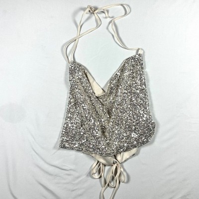 Coachella style Silver Sequin Halter Top Cream Y2K Cropped Party Tank Small NWT