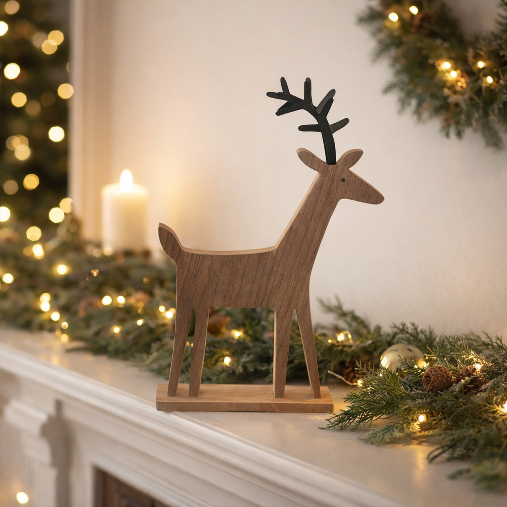 Gisela Graham Wooden Reindeer Decoration – Natural Poplar Wood - 30cm - New