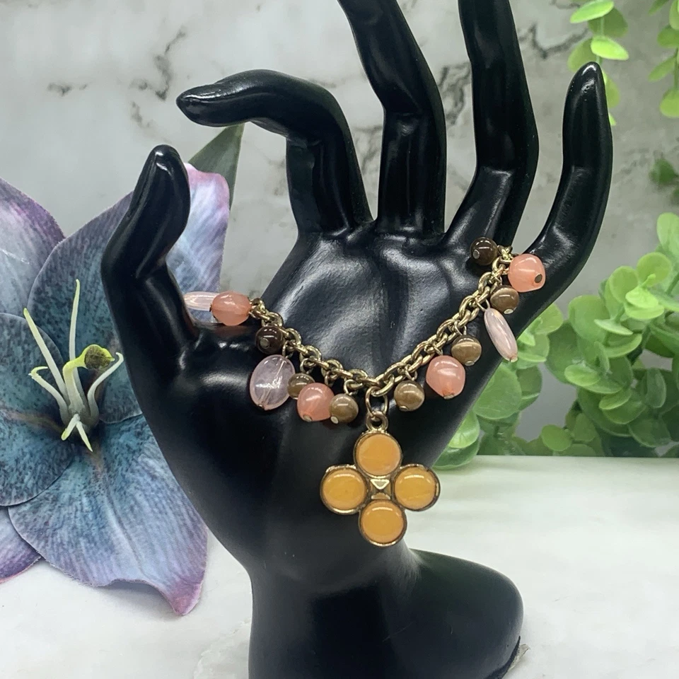 "Brazalete de cuentas acrílicas marrón rosa colgante cadena tono dorado 8-10"" George" Foto 2 de 4