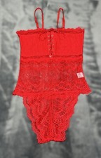 NEW/NWOT Sheer Red Lace Babydoll Bodysuit Teddy Lace Up Adjustable Straps MED