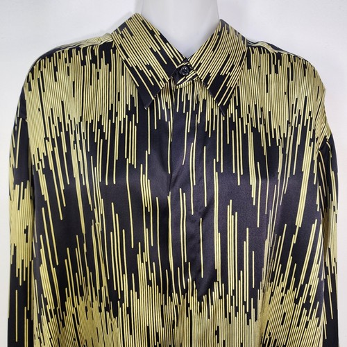 Camisa Genelli Para Hombre Grande Manga Larga 100% Seda Negra Dorada Geométrica Abotonada - Imagen 6 de 10