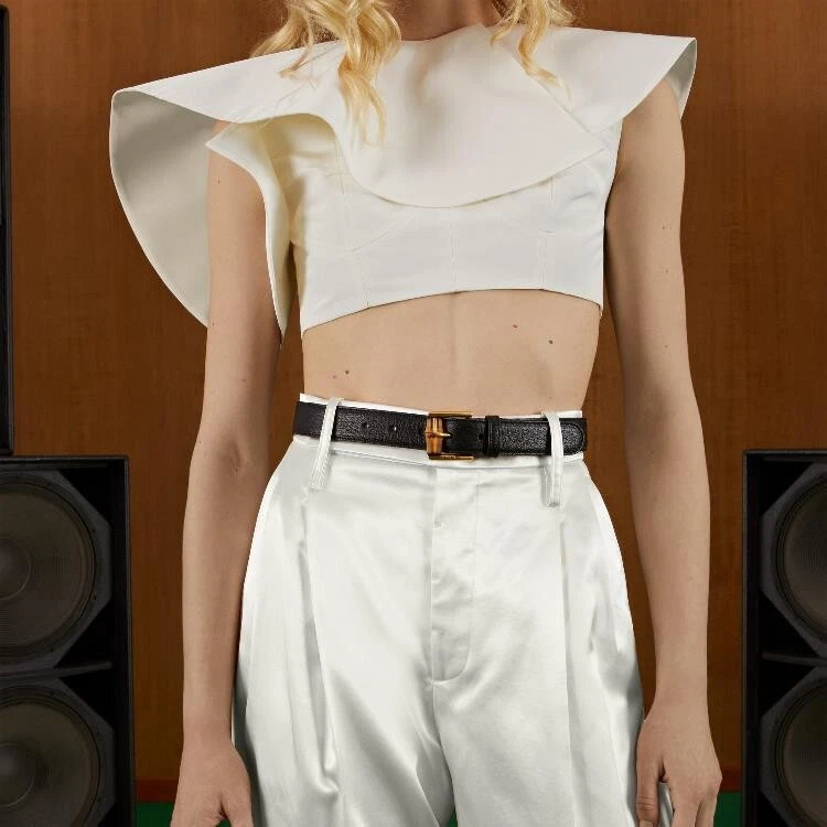 Gucci Ceinture Taille Femme 85/34 Noir Cuir Véritable Boucle Bambou Doré Neuf Avec Étiquette