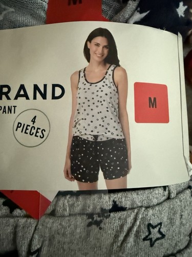 NWT Womens Lucky Brand 4 Piece PJ Set Pajamas Blue Sz Medium Shorts Pants Tops - Picture 2 of 5