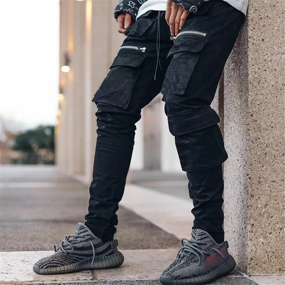 Mens Sports Zipper Slim Fit Trousers Casual Workout Cargo Pants Joggers Hip  Hop