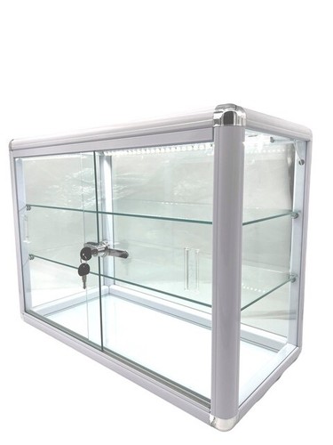 Elegant White Aluminum Display Table Top Tempered Glass Showcase with LED Lights - Picture 1 of 3