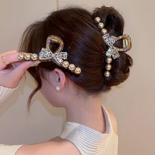 2024 Fashion Korean Edition New Pearl Crystal Bow Horse Tail Claw Clip-i - Picture 9 of 12