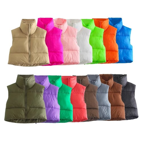 Women Crop Cotton Padded Vest Sleeveless Stand Collar Puffer Gilet Coat - Picture 6 of 27