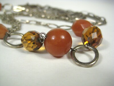 Ellen Tracy Necklace 31 In Chain Metal Lucite Beaded Jewelry Silvertone  Orange
