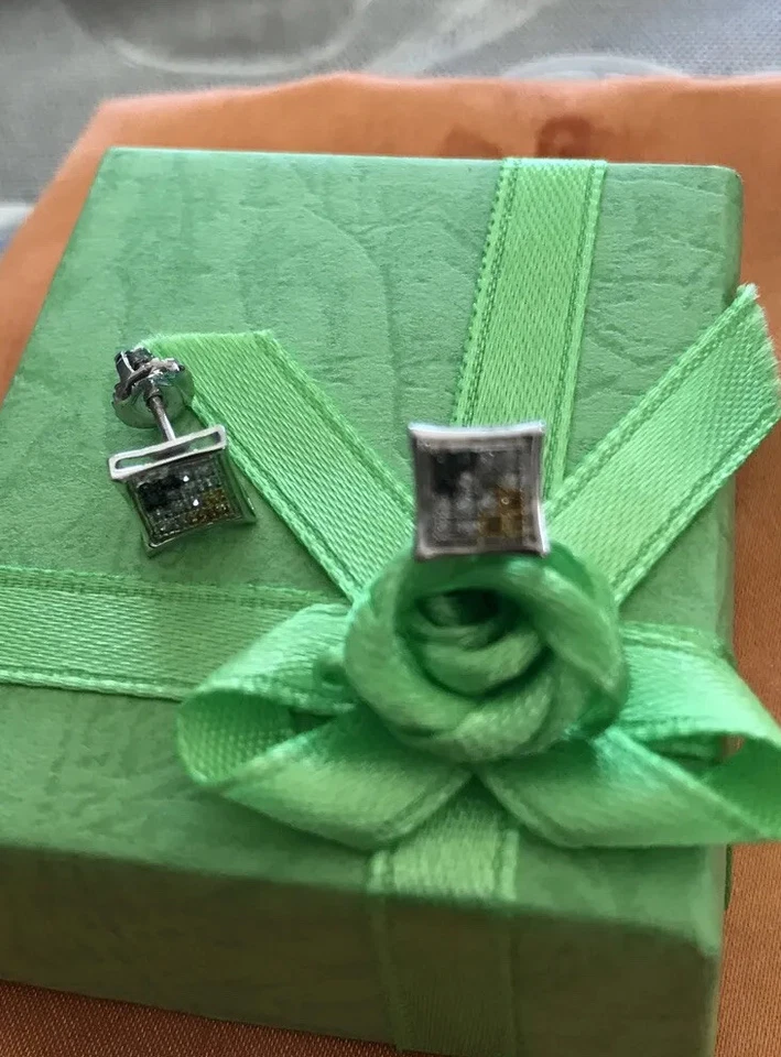 Pendientes Cuadrados Oro Blanco 14k Diamantes Blancos Negros 6x 6mm Joyería Fina Foto 3 de 4