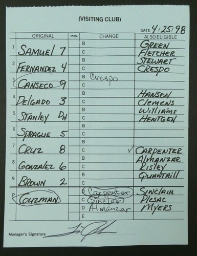 Chicago 25.04.98 Baseball Orig Game Used Lineup Cards From Umpire Don Denkinger - Bild 3 von 5
