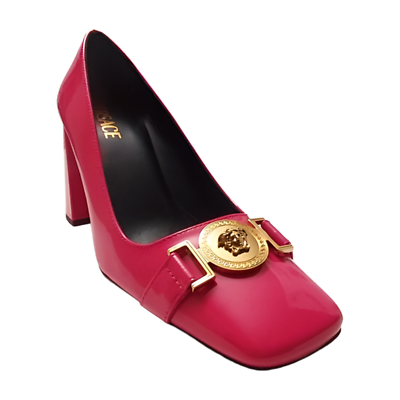 【関税&送料込み】Versace Heeled Shoes Versace Vernice Pink Leather Gold Medusa Heeled Pumps Shoes